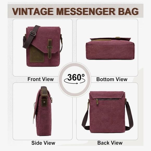 NWT VASCHY Small Messenger BagVintage Canvas Leather Crossbody Burgundy - Picture 9 of 9